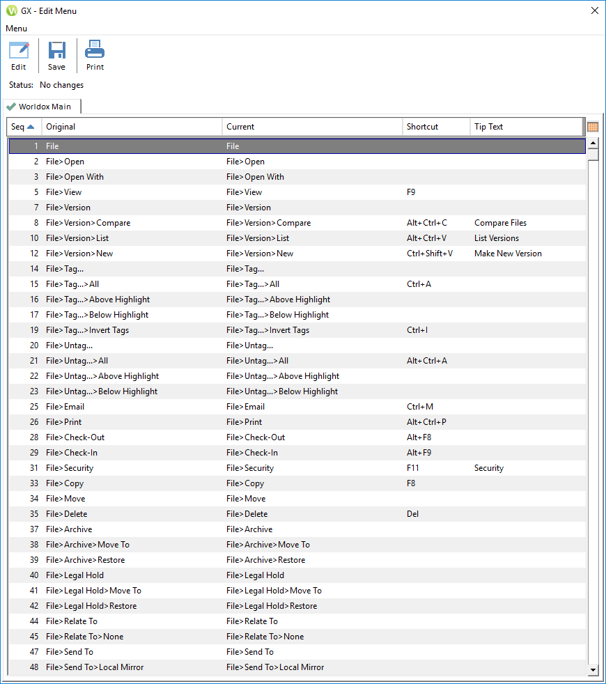 Keystrokes available in Worldox