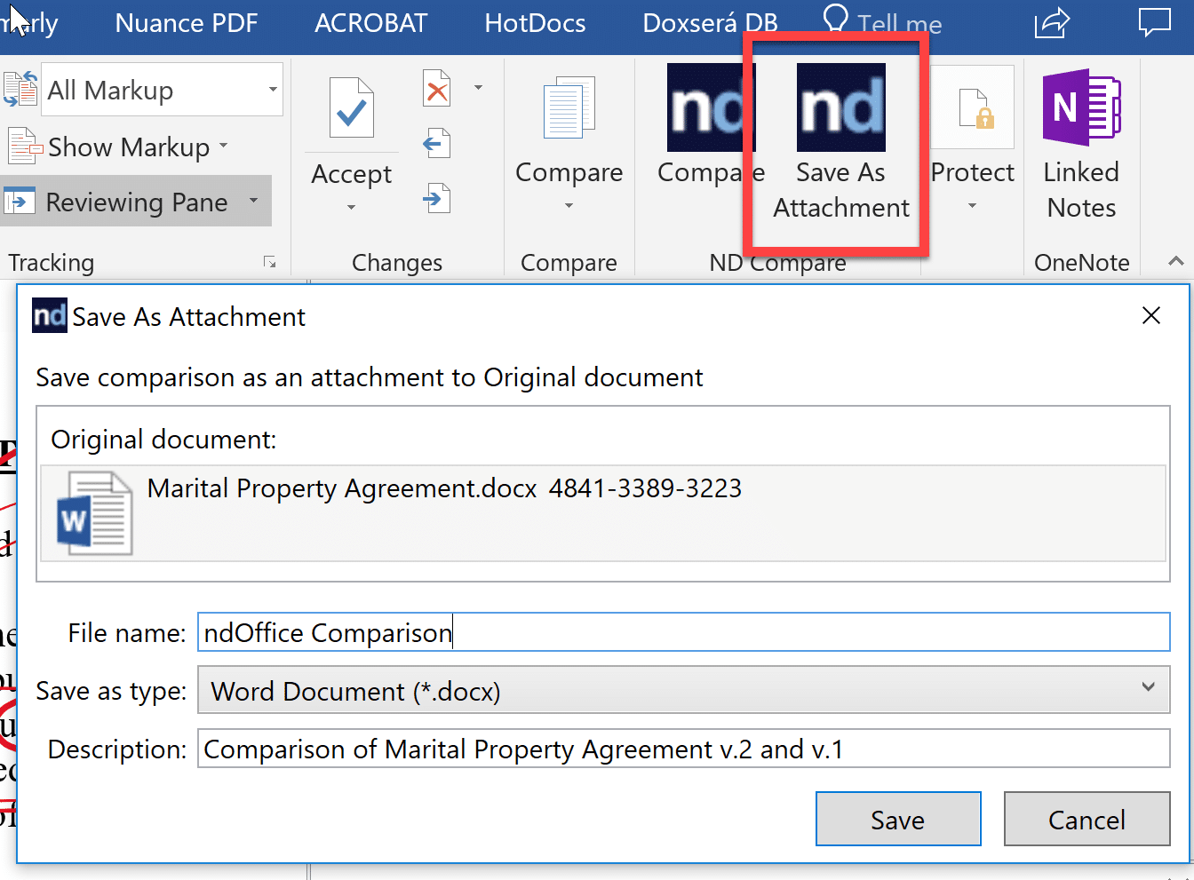 Saving redline comparison as an attachment in ndCompare