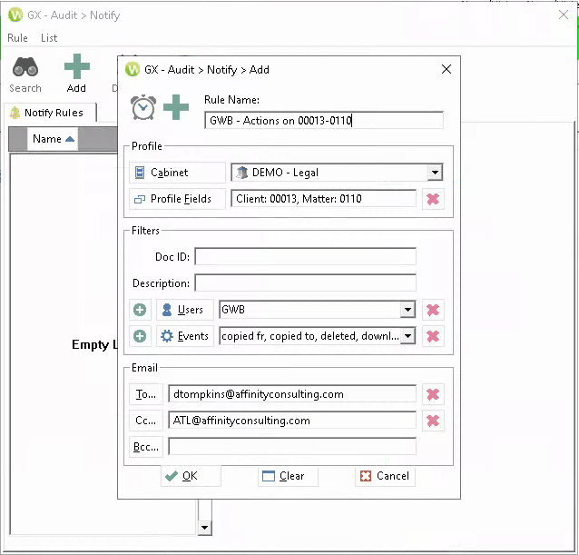 Worldox Notify module add rules | Legal Document Management