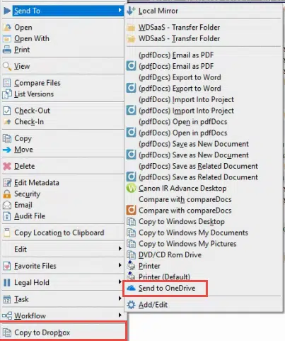 Worldox Right Click Menus for OneDrive and DropBox